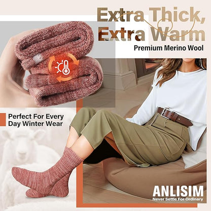 Anlisim Merino Wool Warm Boot Hiking Socks Thermal Extra Thick Winter Cozy Crew Comfy Cushioning Work Women Men Socks 4 Pairs