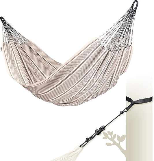 LA SIESTA® Flora Classic Cotton Hammock & TreeMount, Hammock & Tree Straps for Beams Posts - Indoor Outdoor Hammock, Extra Large Patio Hammock Bed Portable Hammock, 2 Person Hammock - King, Zebra