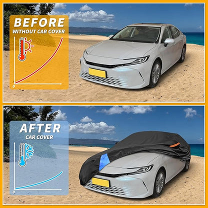 Waterproof All-Weather Universal Car Cover with Right Side Zipper, 210D-PU Black Blue Fits for Sedan 185" to 192" Length