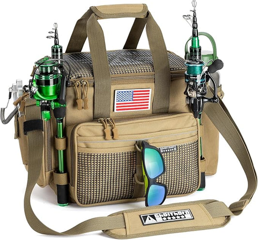 Ghosthorn Fishing Tackle Bag with Rod Holder Saltwater & Freshwater Resistant Tackle Box Bag - Adjustable Padded Shoulder Strap (Khaki)