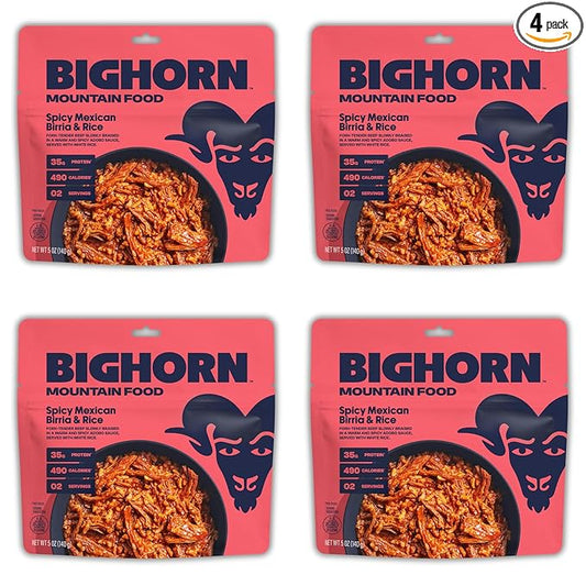BIGHORN Mountain Food Spicy Mexican Birria and Rice - contains 4 packs | 8 servings | 140g Protein | 1,960 Calories - premium freeze dried meals for backpacking food - dehydrated camping food for backpacking meal - just add water - great taste