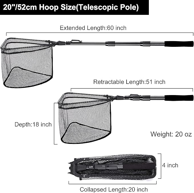 PLUSINNO Fishing Net Fish Landing Net, Foldable Collapsible Telescopic Pole Handle, Durable Nylon Material Mesh, Safe Fish Catching or Releasing