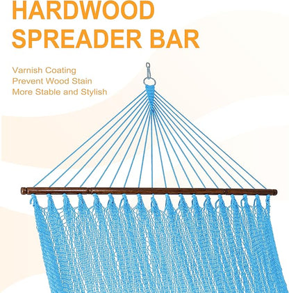 Lazy Daze Hammocks 10.5 FT Double 2 Person Caribbean Rope Hammock, Hand Woven Polyester Hammock with Spreader Bars, for Outside Outdoor Backyard Patio Poolside,450 LBS Capacity,SkyBlue