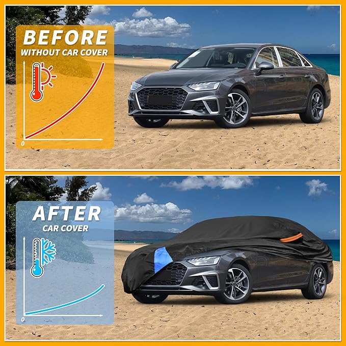 Waterproof All-Weather Universal Car Cover with Right Side Zipper, 190T Polyeste Black Blue Fits for Sedan 177" to 185" Length