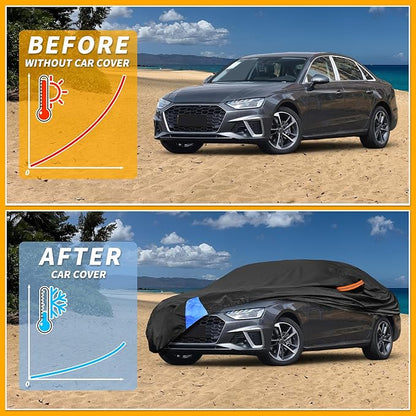 Waterproof All-Weather Universal Car Cover with Right Side Zipper, 190T Polyeste Black Blue Fits for Sedan 177" to 185" Length