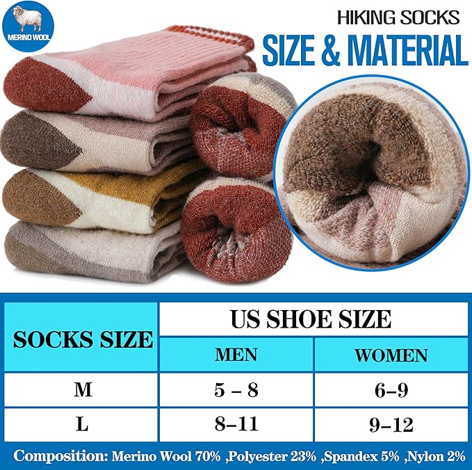 5 Pairs Merino Wool Hiking Socks Warm Thermal Winter Cozy Cushioned Moisture Wicking Socks for Women & Men