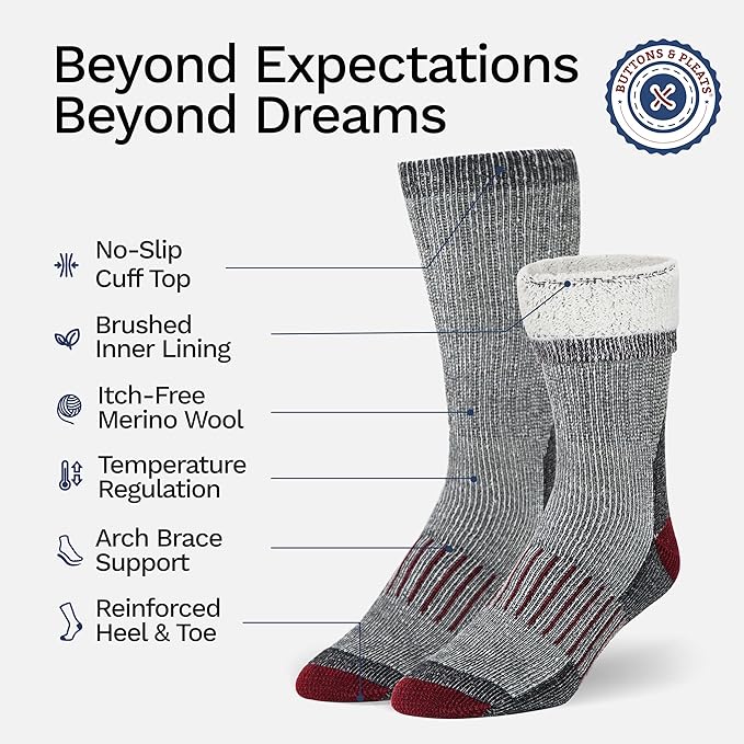 Buttons & Pleats Wool Socks for Men & Women Merino Thermal Warm Cozy Winter Boot Sock