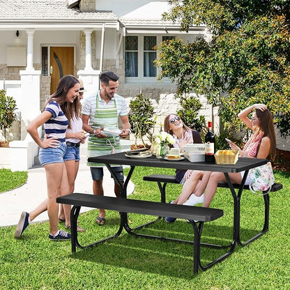 Tangkula Picnic Table Bench Set, Outdoor Picnic Table with 2 Benches, Metal Camping Table with Plastic Wood-Like Texture Tabletop & Steel Frame, Ideal for Picnic, Party, Garden, Lawn (Black)