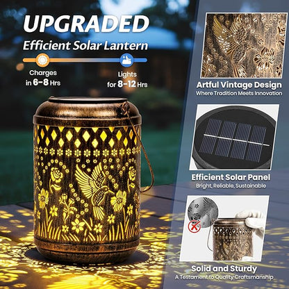 Solar Lanterns Hummingbird Christmas Garden Decor, 1 Pack Hanging Christmas Solar Lights Gifts for Mom Outdoor Waterproof Vintage Table Metal Lights for Yard, Patio, Lawn, Balcony, Pathway