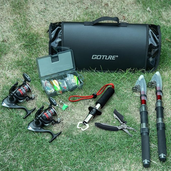 Goture Fishing Rod and Reel Combos-2PCS Telescopic Fishing Pole+2PCS Pre-Loaded Spinning Reels with Carrier Bag,1.8M-2.7M Telescopic Rod Reel Kit for Starter Travel Saltwater Freshwater,Gifts for Men