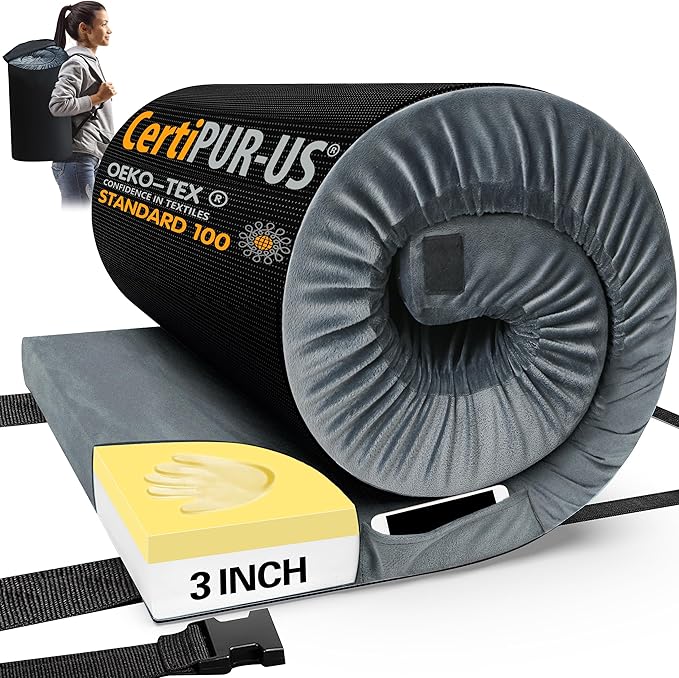 CYMULA Memory Foam Camping Mattress Pad, CertiPUR-US Sleeping Mat, Portable Roll Up Mattress for Adults, Camping Bed Pads for Sleepover, Car Bed with Travel Bag