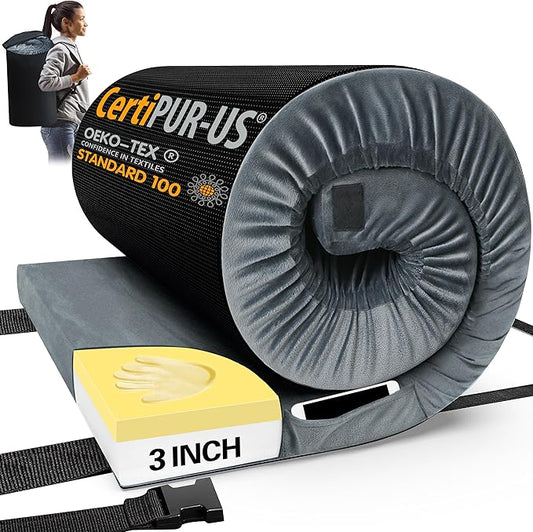 CYMULA Memory Foam Camping Mattress Pad, CertiPUR-US Sleeping Mat, Portable Roll Up Mattress for Adults, Camping Bed Pads for Sleepover, Car Bed with Travel Bag