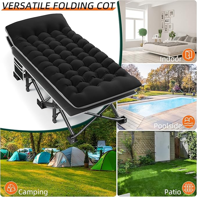 Portable Camping Cot, 32" Extra Wide Camping Cots for Adults with Thick Mattress, Heavy Duty Sleeping Cot Holds Up to 600LBS, Cots for Sleeping, Rv, Beach, Patio, Office Naps 2Pcs (Black)