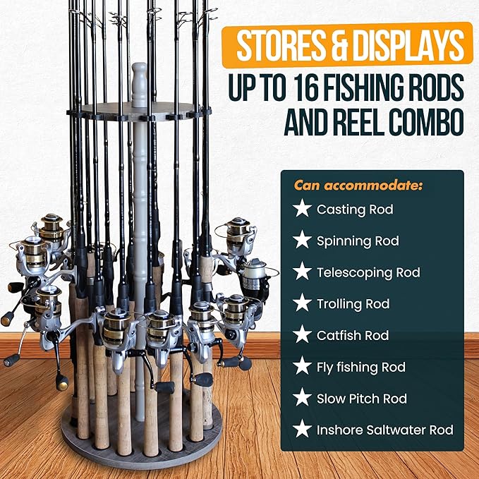 Rush Creek Creations | Fishing Rod Holder for 16 Fishing Poles, Garage Organization and Storage, for Reels, Gear, Accessories, Tackle Box