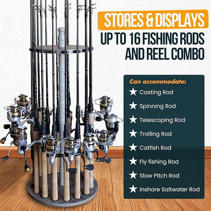 Rush Creek Creations | Fishing Rod Holder for 16 Fishing Poles, Garage Organization and Storage, for Reels, Gear, Accessories, Tackle Box