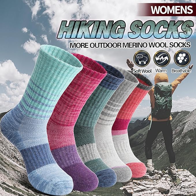 Anlisim Merino Wool Hiking Socks for Women Thermal Winter Warm Boot Work Cushion Socks 5 Pairs