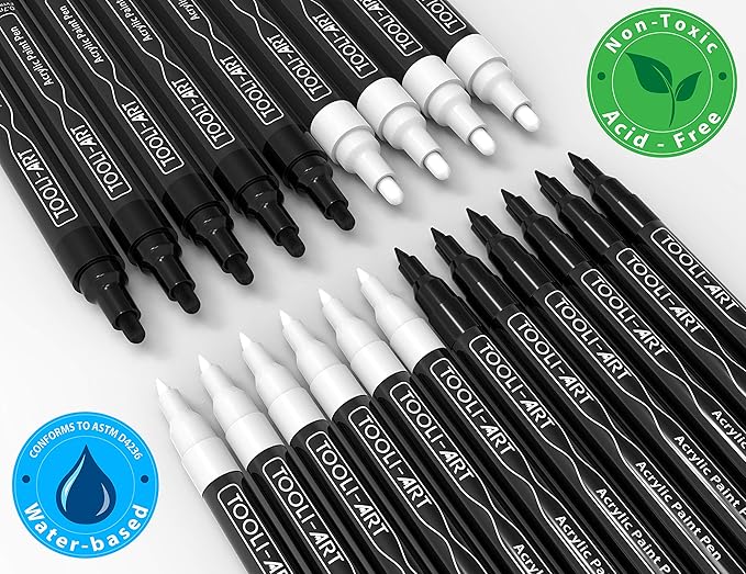 TOOLI-ART Black And White Acrylic Paint Markers Paint Pens Set For Rock Painting, Canvas, Mugs, Metal, Glass Paint, Fabric, Wood, DIY. Non Toxic, Quick Dry,Waterbas (EXTRA FINE & MEDIUM)