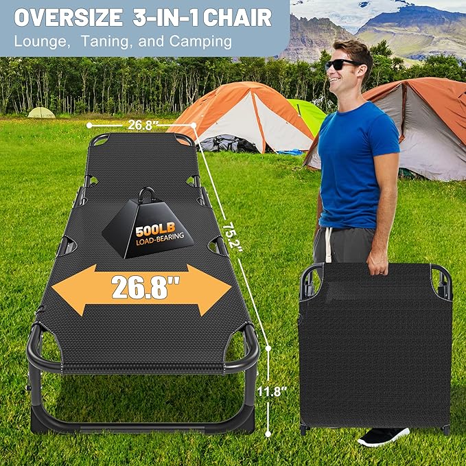 Slsy Sleeping Cots for Adults, 5-Position Folding Chaise Lounge Chairs Outdoor, Portable Folding Bed Cot Lounge Chair for Beach Lawn Camping Pool Sun Tanning