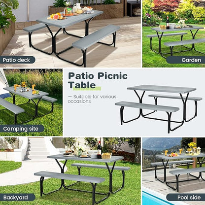 Tangkula Picnic Table Bench Set, Outdoor Picnic Table with 2 Benches, Metal Camping Table with Plastic Wood-Like Texture Tabletop & Steel Frame, Ideal for Picnic, Party, Garden, Lawn (Grey)