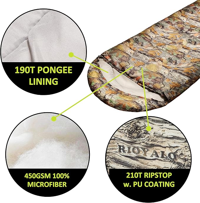 0 Degree Winter Sleeping Bags for Adults Camping (450GSM) - Temp Range (5F–32F) Portable Waterproof Compression Sack- Camping Sleeping Bags for Big and Tall in Env Hoodie: Backpacking Hiking 4 Season