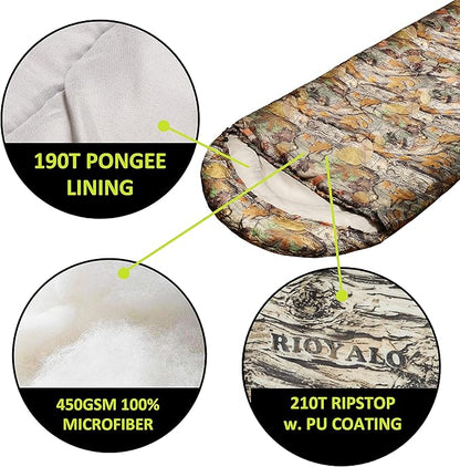 0 Degree Winter Sleeping Bags for Adults Camping (450GSM) - Temp Range (5F–32F) Portable Waterproof Compression Sack- Camping Sleeping Bags for Big and Tall in Env Hoodie: Backpacking Hiking 4 Season