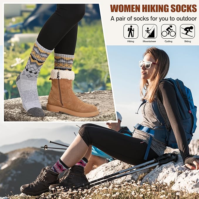 EBMORE Womens Merino Wool Hiking Socks Thermal Warm Winter Crew Cushion Work Boot Outdoor Socks 5 Pairs