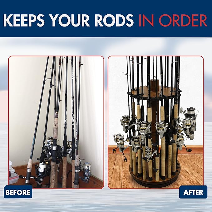 Rush Creek Creations Fishing Rod Holder - 360 Spinning Rack for Garage Organization and Storage, Pole Holder for Reels, Gear, Accessories, Tackle Box