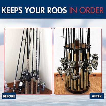 Rush Creek Creations Fishing Rod Holder - 360 Spinning Rack for Garage Organization and Storage, Pole Holder for Reels, Gear, Accessories, Tackle Box