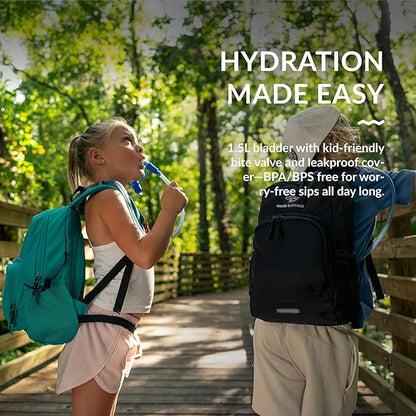 Water Buffalo Mini Sherpa Kids Hiking Backpack & Hydration Backpack, with 1.5L Bladder, Adjustable Fit, Reflective Trim