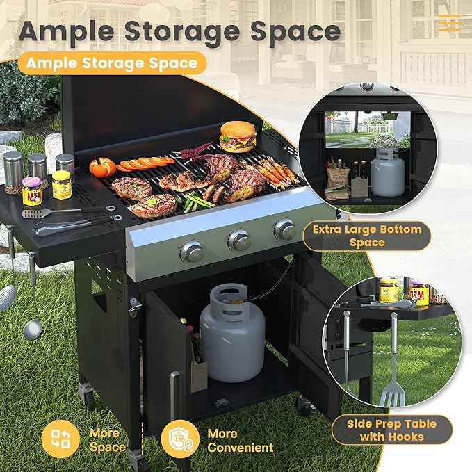 DIFY 3-Burner Propane Gas Griddle Grill, 28 in Flat Top Griddle Grill with Porcelain-Enameled Grates and Stainless Steel Frying Pan, 36000 BTU Output Barbecue Grills for Outdoor Barbecue