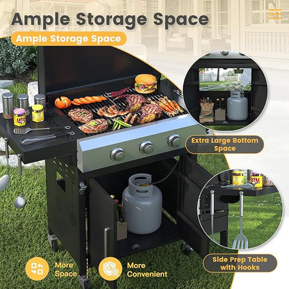 DIFY 3-Burner Propane Gas Griddle Grill, 28 in Flat Top Griddle Grill with Porcelain-Enameled Grates and Stainless Steel Frying Pan, 36000 BTU Output Barbecue Grills for Outdoor Barbecue