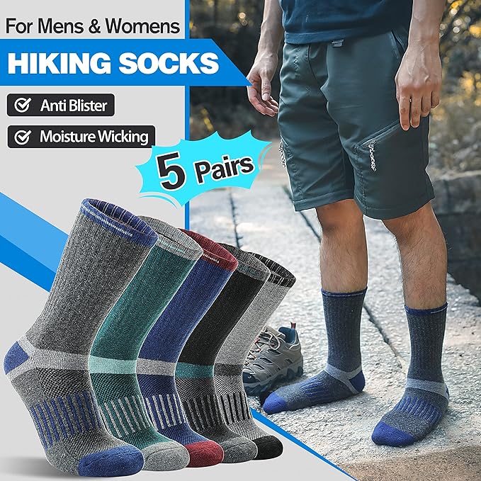 5 Pairs Merino Wool Hiking Socks Warm Thermal Winter Cozy Cushioned Moisture Wicking Socks for Women & Men