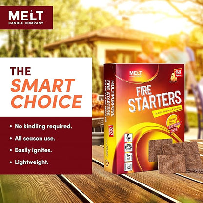 Melt Candle Company Fire Starter Squares, 160 Pieces - Fire Starters Kit for Campfires, Grill, Outdoor Fire Pit, Fireplace, BBQ - Water Resistant & Odorless - Camping Accessories