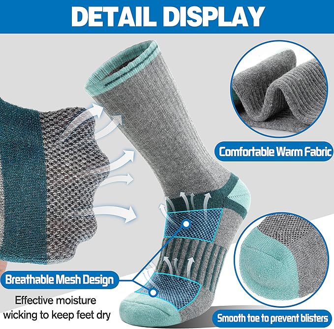 5 Pairs Merino Wool Hiking Socks Warm Thermal Winter Cozy Cushioned Moisture Wicking Socks for Women & Men