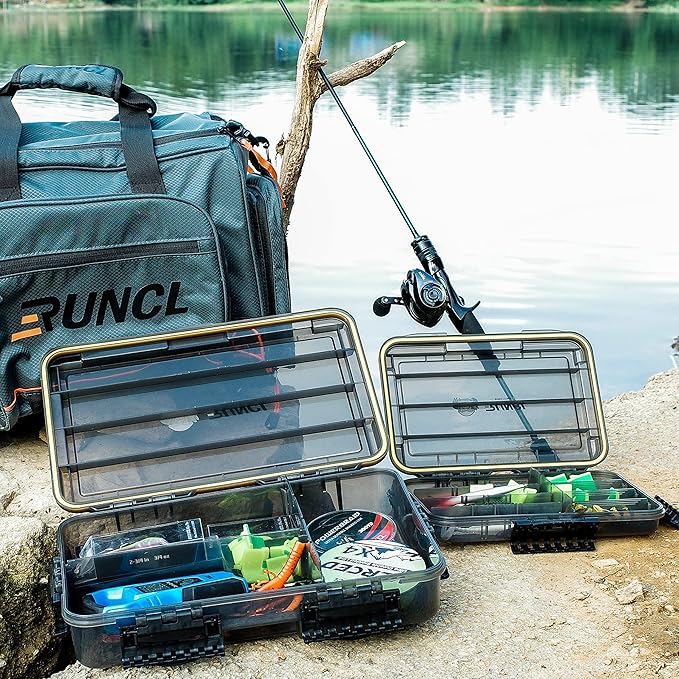 RUNCL Fishing Tackle Box, Unique Sun Protection Waterproof 3600 3700 Tray, Thicker Floating Airtight Stowaway with Adjustable Dividers for Freshwater Saltwater, Plastic Storage Box 1/2Pack