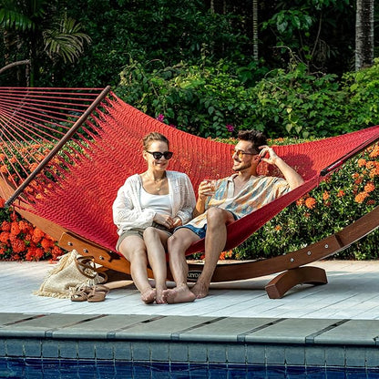 Lazy Daze Hammocks 10.5 FT Double 2 Person Caribbean Rope Hammock, Hand Woven Polyester Hammock with Spreader Bars, for Outside Outdoor Backyard Patio Poolside, 450 LBS Capacity,Red