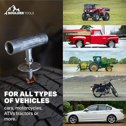 Tire Repair Kit by Boulder Tools - Heavy Duty Plug Kit for Cars, Trucks, Motorcycles, ATVs - Complete Flat Fix Automotive Tools Set with Storage Case, Valve Tool, Pliers, and Repair Plugs