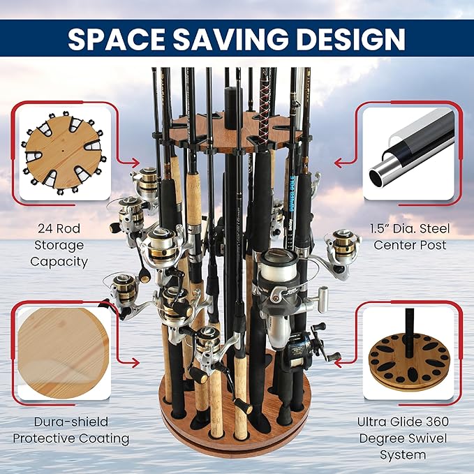 Rush Creek Creations Fishing Rod Holder - 360 Spinning Rack for Garage Organization and Storage, Pole Holder for Reels, Gear, Accessories, Tackle Box