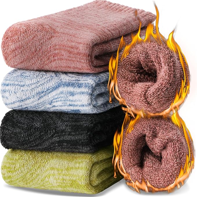 EBMORE Merino Wool Thermal Warm Socks Thick Winter Hiking Cozy Crew Comfy Cushioning Socks 4 Pairs for Women Men