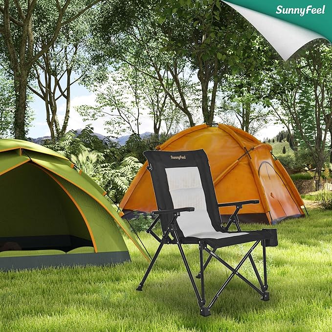 SUNNYFEEL Ergonomic High Back Camp Chair - 500lbs Heavy Duty Folding Chair, UV-Resistant Portable Camp Chair with Hard Armrests, Cup Holder＆ Bag for Outdoor, Basebal, Travel, Sports, Hiking, Fishing