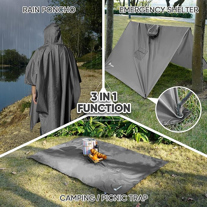 PTEROMY Hooded Rain Poncho for Adult with Pocket, Waterproof Lightweight Unisex Raincoat for Hiking Camping Emergency