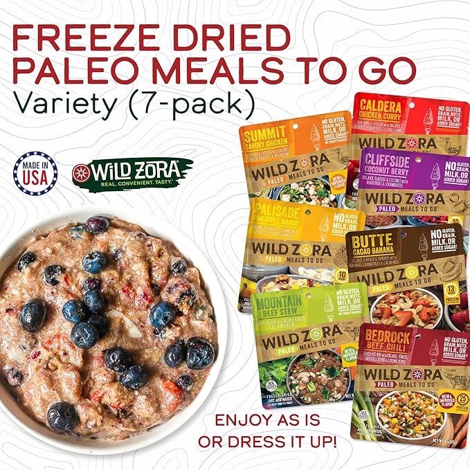 Wild Zora Paleo Freeze Dried Meals for Backpacking & Camping - Healthy Gluten Free & Grain Free Camping Meals/Backpacking Food + No Added Sugar - Includes Breakfast & Dinner Options (Variety 7-pack)
