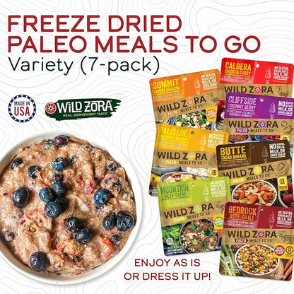 Wild Zora Paleo Freeze Dried Meals for Backpacking & Camping - Healthy Gluten Free & Grain Free Camping Meals/Backpacking Food + No Added Sugar - Includes Breakfast & Dinner Options (Variety 7-pack)
