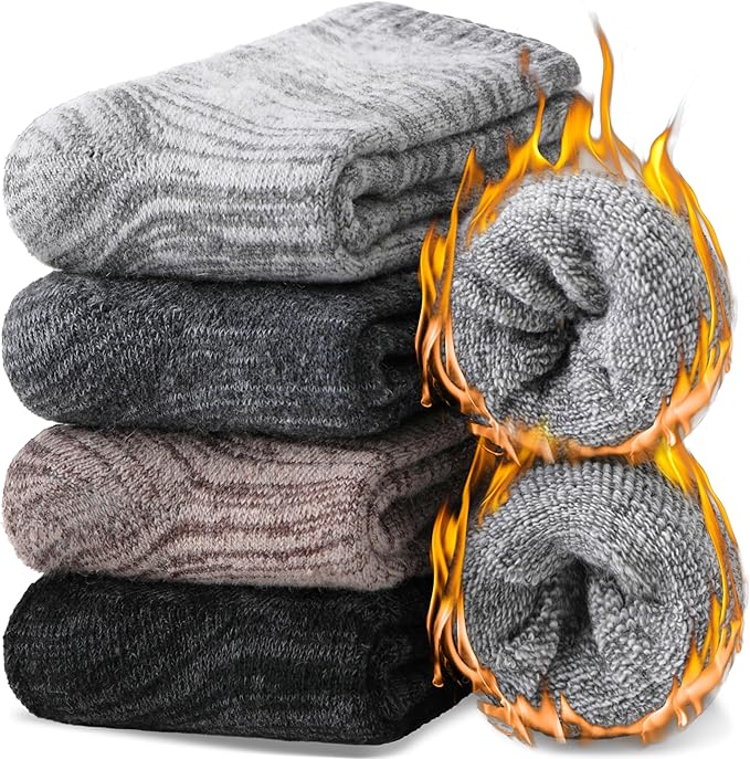EBMORE Merino Wool Thermal Warm Socks Thick Winter Hiking Cozy Crew Comfy Cushioning Socks 4 Pairs for Women Men