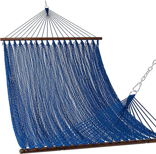 Lazy Daze Hammocks 10.5 FT Double 2 Person Caribbean Rope Hammock, Hand Woven Polyester Hammock with Spreader Bars, for Outside Outdoor Backyard Patio Poolside, 450 LBS Capacity, Blue