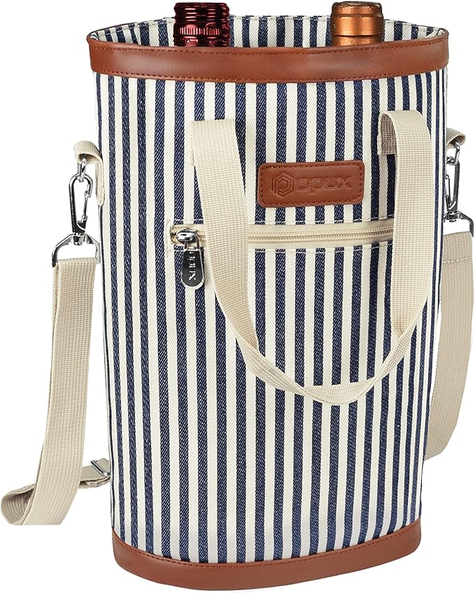 opux Two Bottle Wine Bag Carrier Tote, Insulated Leakproof 2 Bottle Wine Cooler Bag for Travel BYOB Picnic, Portable Wine Case, Gift for Men Women Wine Lover Birthday Party Christmas, Navy Stripes