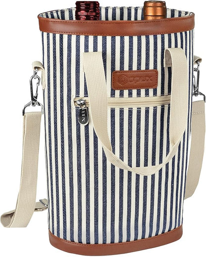 opux Two Bottle Wine Bag Carrier Tote, Insulated Leakproof 2 Bottle Wine Cooler Bag for Travel BYOB Picnic, Portable Wine Case, Gift for Men Women Wine Lover Birthday Party Christmas, Navy Stripes