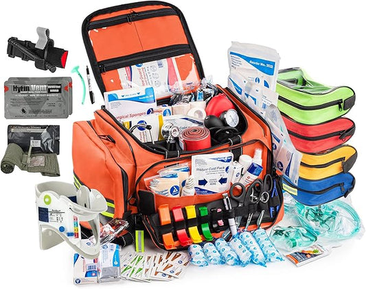 Scherber Fully-Stocked First Responder Bag | Large Professional EMT/EMS Trauma & Bleeding Kit | HSA/FSA Approved | CAT Tourniquet, HyFin Chest Seal, Israeli Bandage & 250+ First Aid Supplies (Orange)