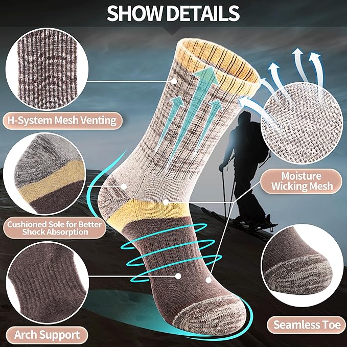 Anlisim Merino Wool Hiking Socks for Women Thermal Winter Warm Boot Work Cushion Socks 5 Pairs