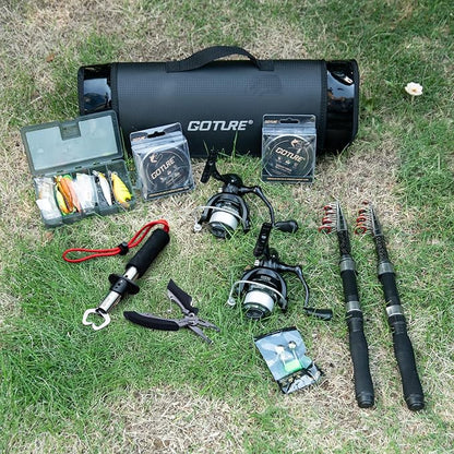 Goture Fishing Rod and Reel Combos-2PCS Telescopic Fishing Pole+2PCS Pre-Loaded Spinning Reels with Carrier Bag,1.8M-2.7M Telescopic Rod Reel Kit for Starter Travel Saltwater Freshwater,Gifts for Men